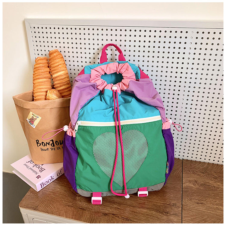 Green Colorblock Drawstring Backpack - Lightweight Nylon Bag with Heart Mesh Pocket V888-ELOSUNG22942