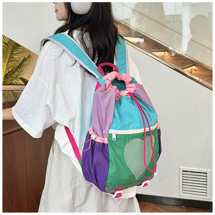 Green Colorblock Drawstring Backpack - Lightweight Nylon Bag with Heart Mesh Pocket V888-ELOSUNG22942