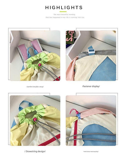 Green Colorblock Drawstring Backpack - Lightweight Nylon Bag with Heart Mesh Pocket V888-ELOSUNG22942