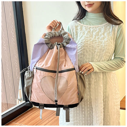 Pink Colorblock Drawstring Backpack - Lightweight Nylon Bag with Heart Mesh Pocket V888-ELOSUNG22943