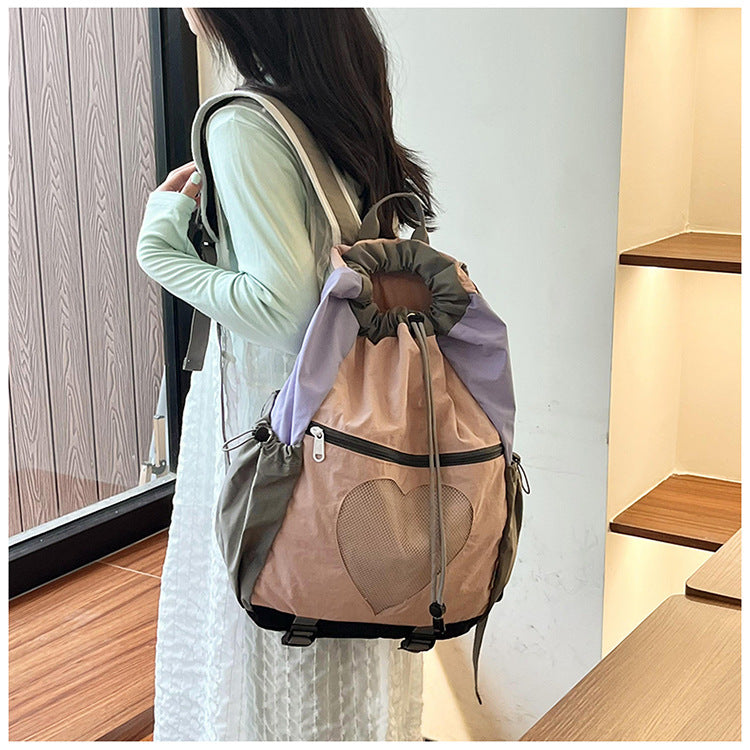 Pink Colorblock Drawstring Backpack - Lightweight Nylon Bag with Heart Mesh Pocket V888-ELOSUNG22943