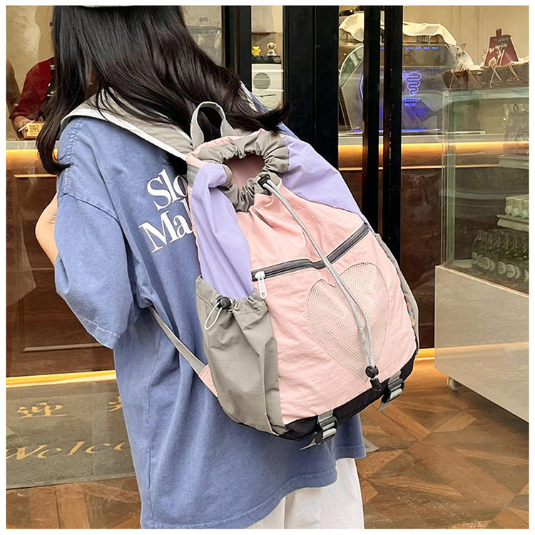 Pink Colorblock Drawstring Backpack - Lightweight Nylon Bag with Heart Mesh Pocket V888-ELOSUNG22943