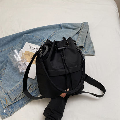 Black Casual Nylon Drawstring Bucket Bag - Adjustable Strap Crossbody Purse V888-ELOSUNG22948