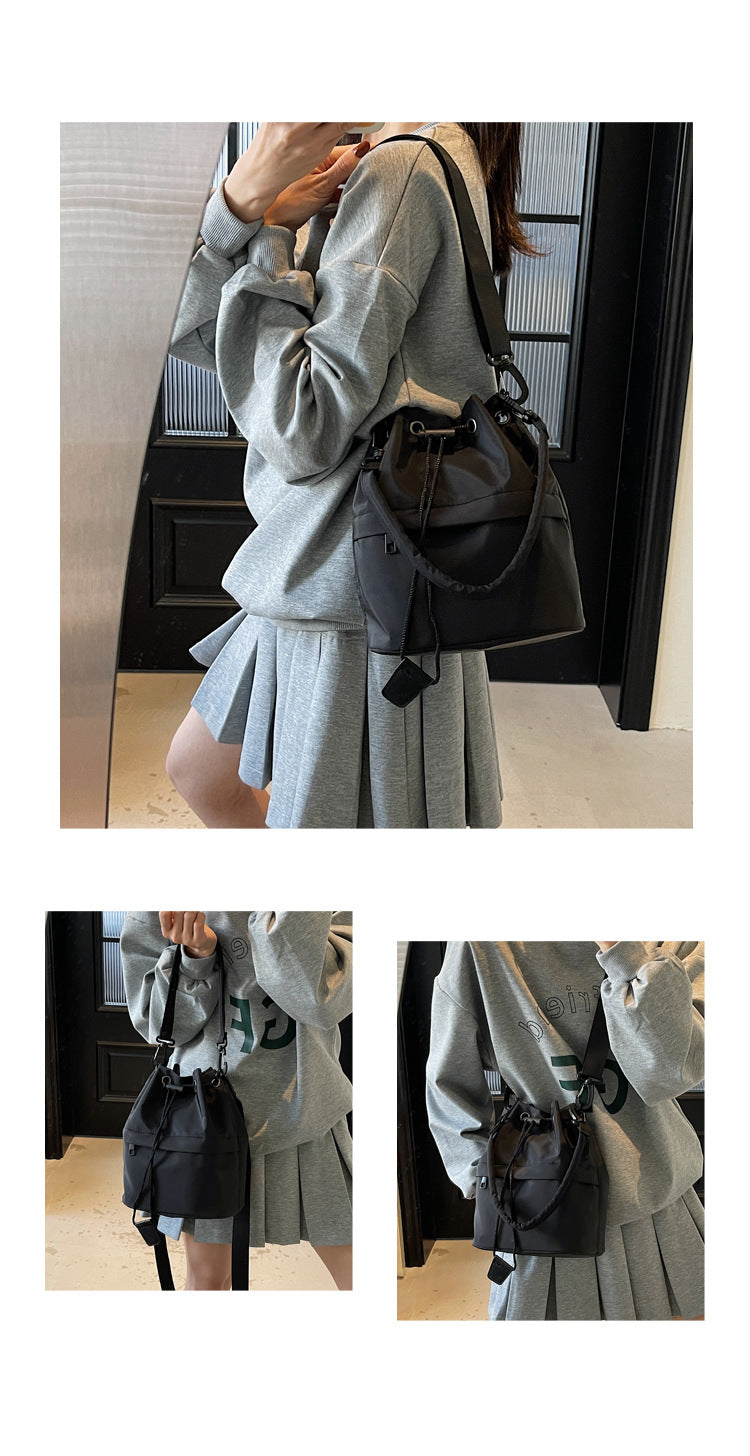 Black Casual Nylon Drawstring Bucket Bag - Adjustable Strap Crossbody Purse V888-ELOSUNG22948
