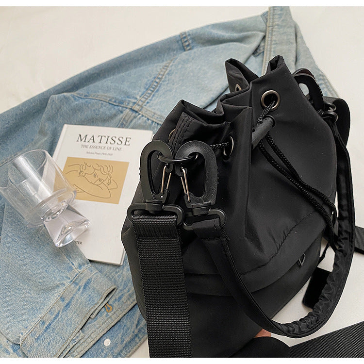 Black Casual Nylon Drawstring Bucket Bag - Adjustable Strap Crossbody Purse V888-ELOSUNG22948