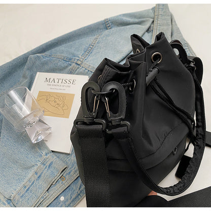 Black Casual Nylon Drawstring Bucket Bag - Adjustable Strap Crossbody Purse V888-ELOSUNG22948