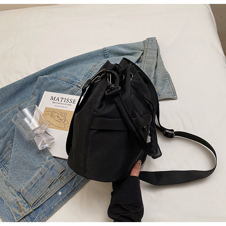 Black Casual Nylon Drawstring Bucket Bag - Adjustable Strap Crossbody Purse V888-ELOSUNG22948