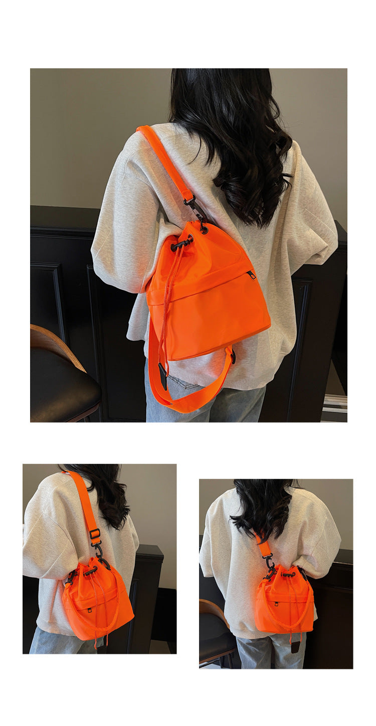 Orange Casual Nylon Drawstring Bucket Bag - Adjustable Strap Crossbody Purse V888-ELOSUNG22950