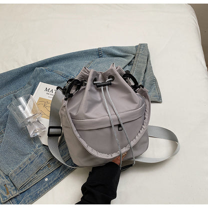 Gray Casual Nylon Drawstring Bucket Bag - Adjustable Strap Crossbody Purse V888-ELOSUNG22951