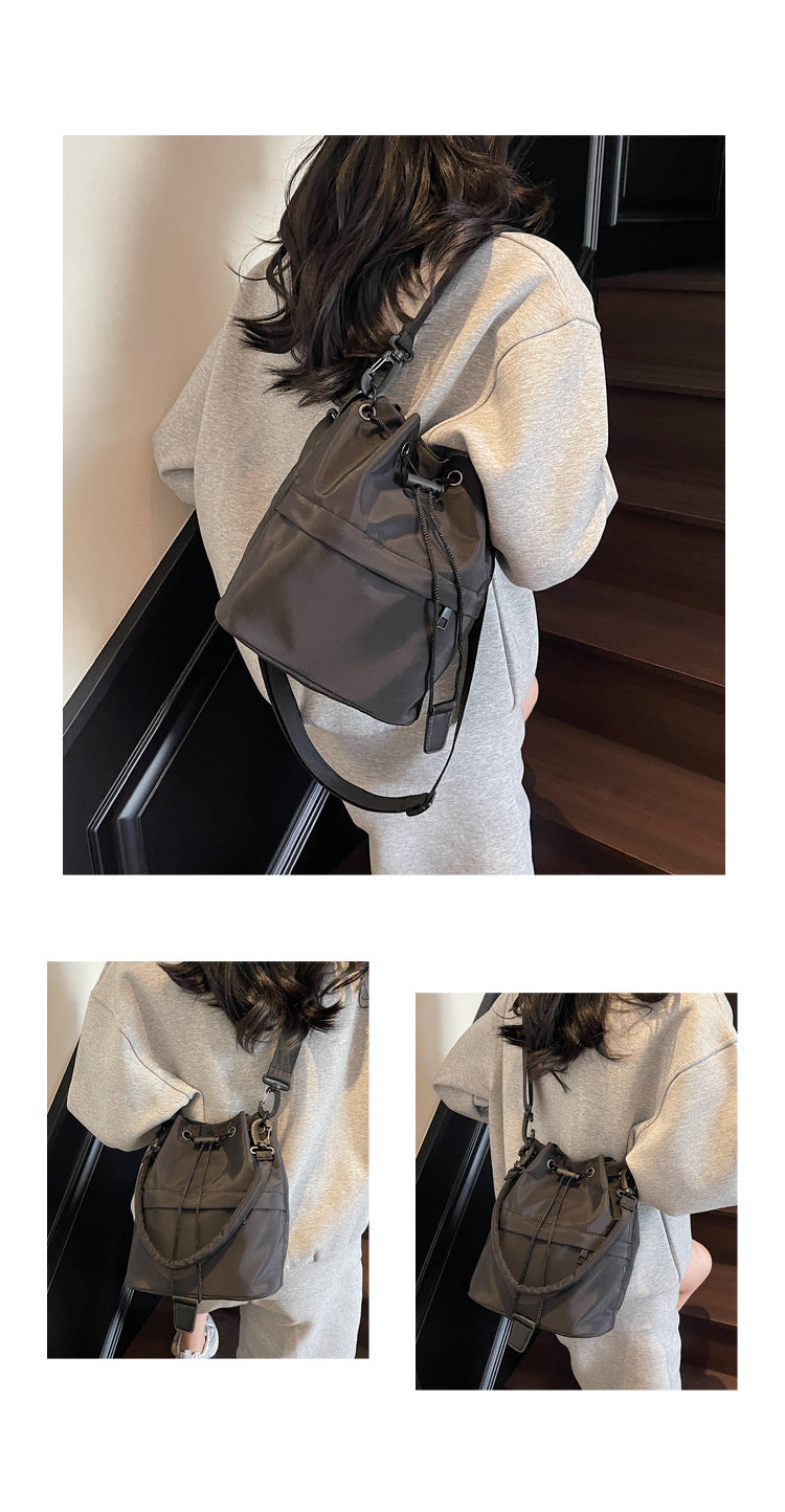 Gray Casual Nylon Drawstring Bucket Bag - Adjustable Strap Crossbody Purse V888-ELOSUNG22951