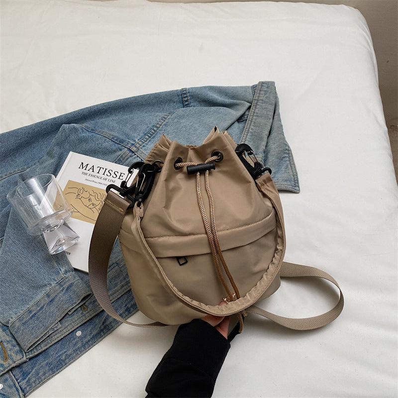 Khaki Casual Nylon Drawstring Bucket Bag - Adjustable Strap Crossbody Purse V888-ELOSUNG22952
