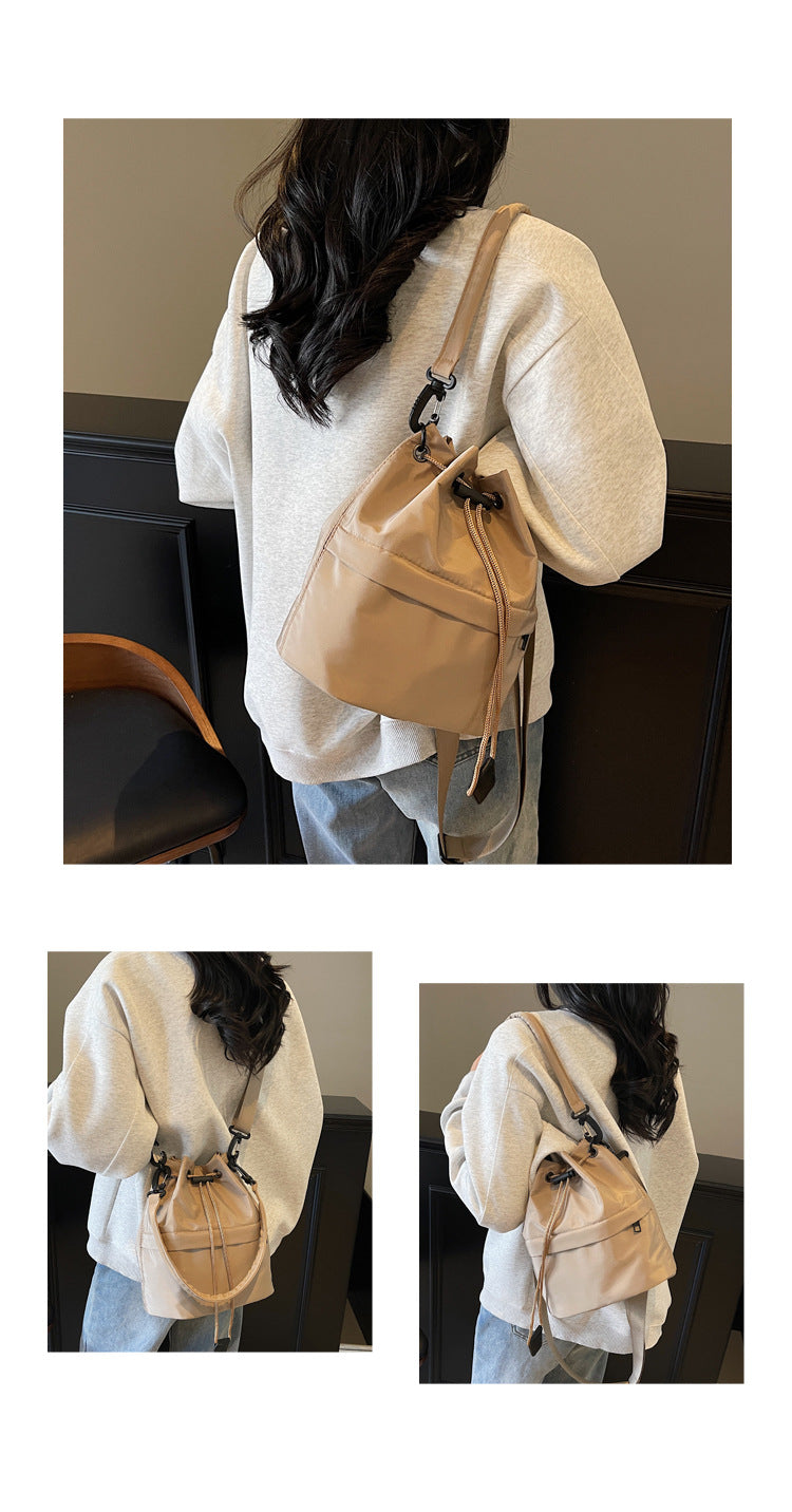 Khaki Casual Nylon Drawstring Bucket Bag - Adjustable Strap Crossbody Purse V888-ELOSUNG22952