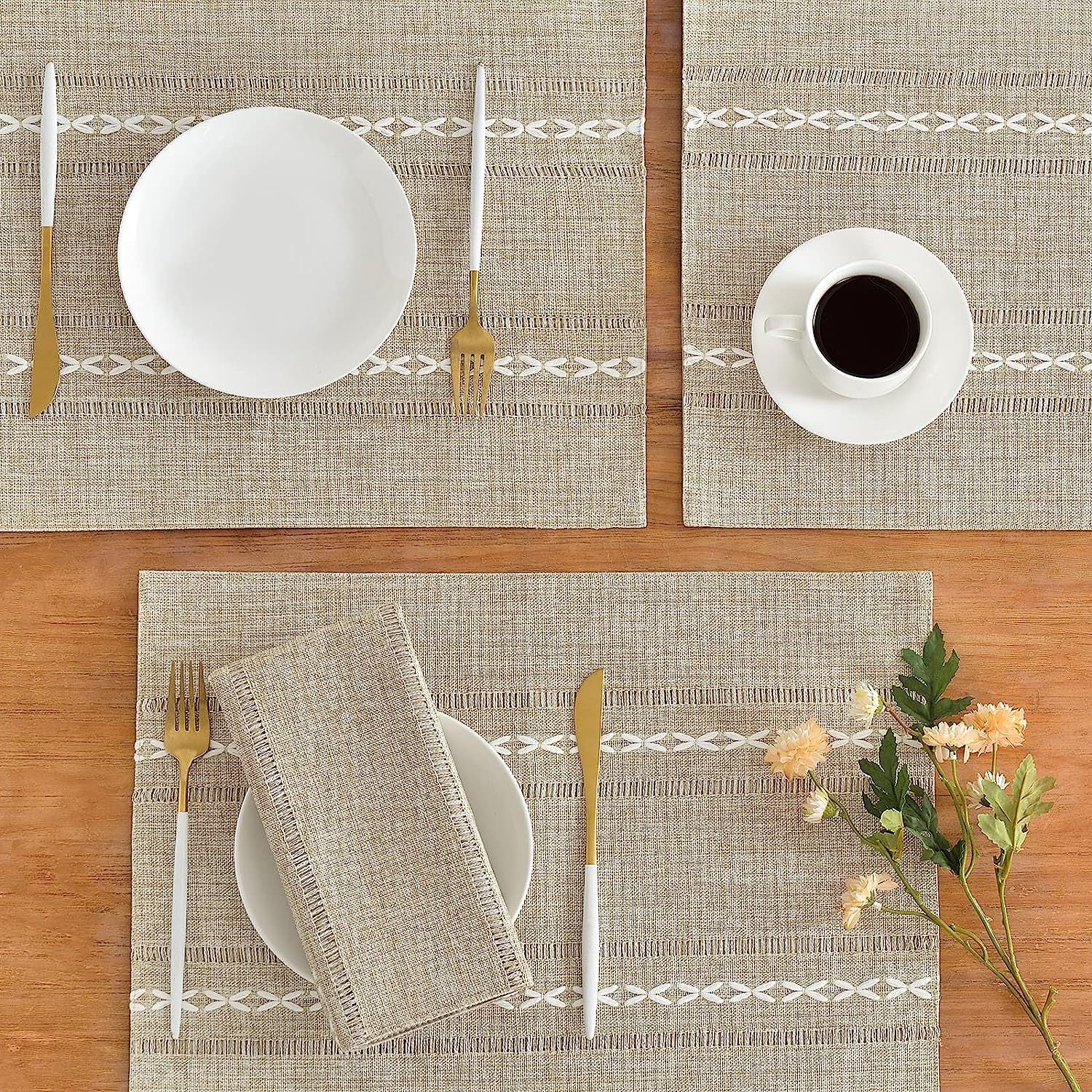 4 Pcs Beige Woven Placemats - Heat Resistant Kitchen Table Mats, Coffee Tea Cup Coasters, Linen Blend Dining V888-ELOSUNG23181