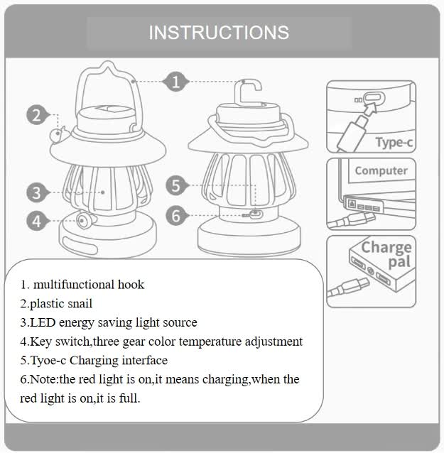 Purple Retro Snail Night Light - Portable Rechargeable Camping Lantern with Hook, 3-Color Dimming V888-ELOSUNG23227