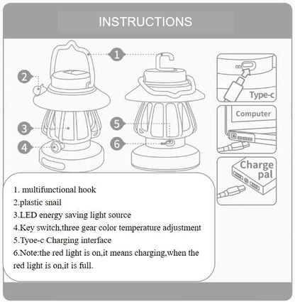 Purple Retro Snail Night Light - Portable Rechargeable Camping Lantern with Hook, 3-Color Dimming V888-ELOSUNG23227
