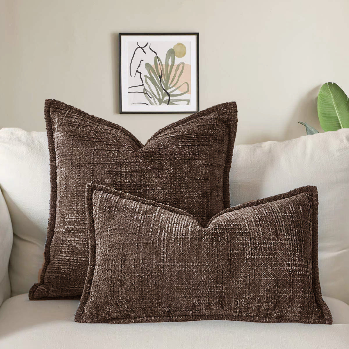 Coffee Chenille Crosshatch Textured Pillow Covers Set of 2 - Modern Minimalist Sofa Bed Cushion Covers V888-ELOSUNG23278