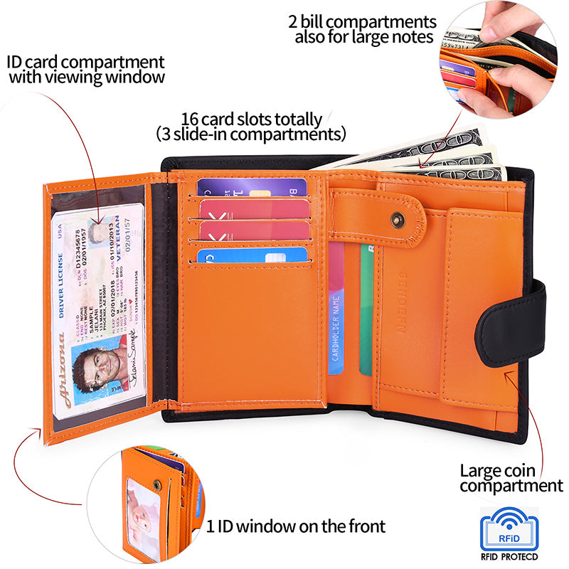 Coffee Men's Short Leather Wallet with RFID Protection - Genuine Cowhide Cardholder with Coin Pocket V888-ELOSUNG23344