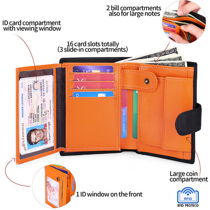Coffee Men's Short Leather Wallet with RFID Protection - Genuine Cowhide Cardholder with Coin Pocket V888-ELOSUNG23344