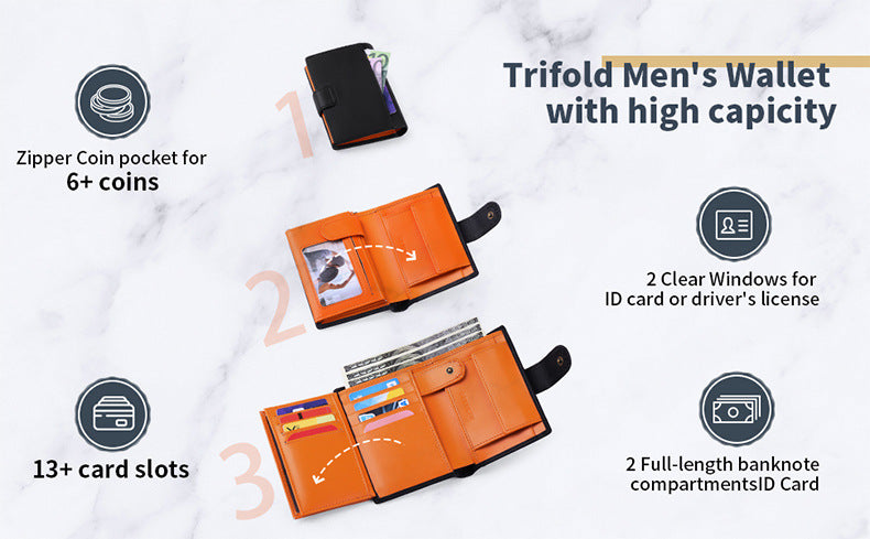 Coffee Men's Short Leather Wallet with RFID Protection - Genuine Cowhide Cardholder with Coin Pocket V888-ELOSUNG23344
