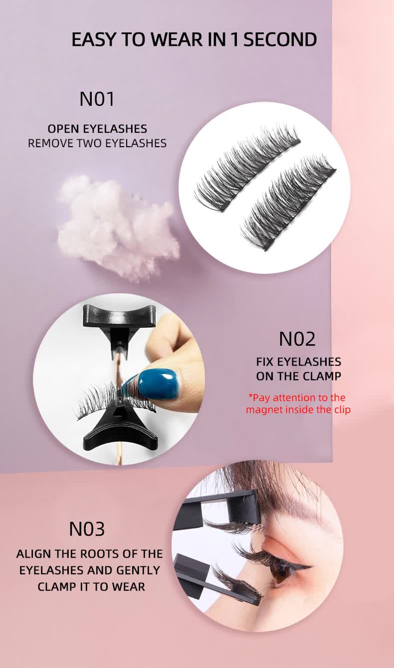 Style 5 Black Magnetic False Eyelashes Kit - 3 Pairs with Applicator Clip and Mirror Case V888-ELOSUNG23403