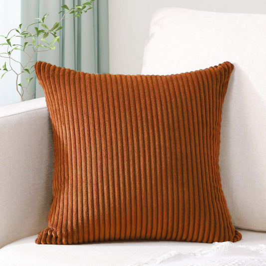 Brick Red Plush Striped Pillow Covers 45x45cm - Set of 4 Corduroy-Style Cushion Covers with Invisible Zipper, V888-ELOSUNG234478