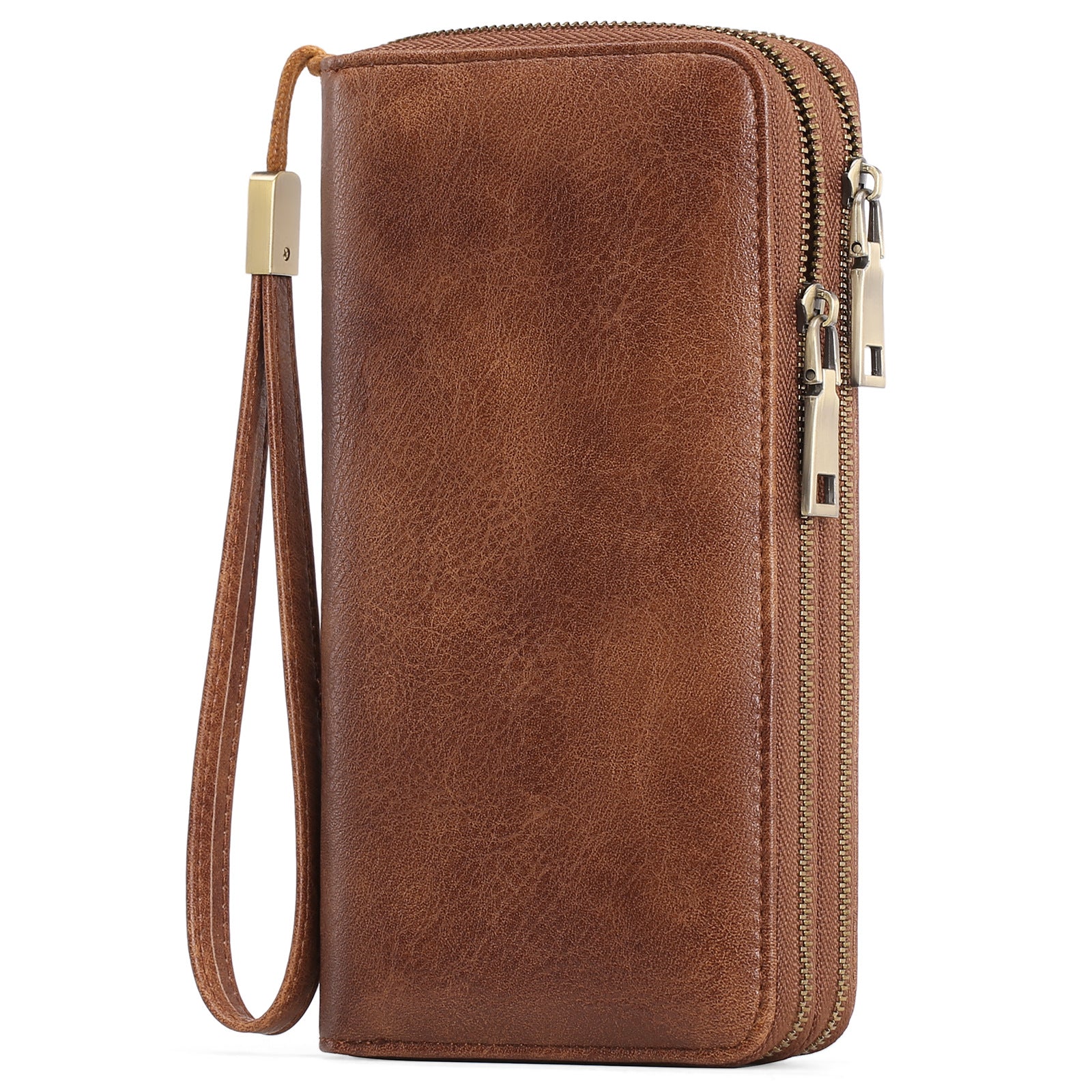 Brown Double Zipper Women's Wallet - Large Capacity Clutch Organizer with Wristlet Strap V888-ELOSUNG23502