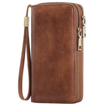 Brown Double Zipper Women's Wallet - Large Capacity Clutch Organizer with Wristlet Strap V888-ELOSUNG23502