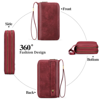 Brown Double Zipper Women's Wallet - Large Capacity Clutch Organizer with Wristlet Strap V888-ELOSUNG23502