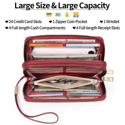 Brown Double Zipper Women's Wallet - Large Capacity Clutch Organizer with Wristlet Strap V888-ELOSUNG23502