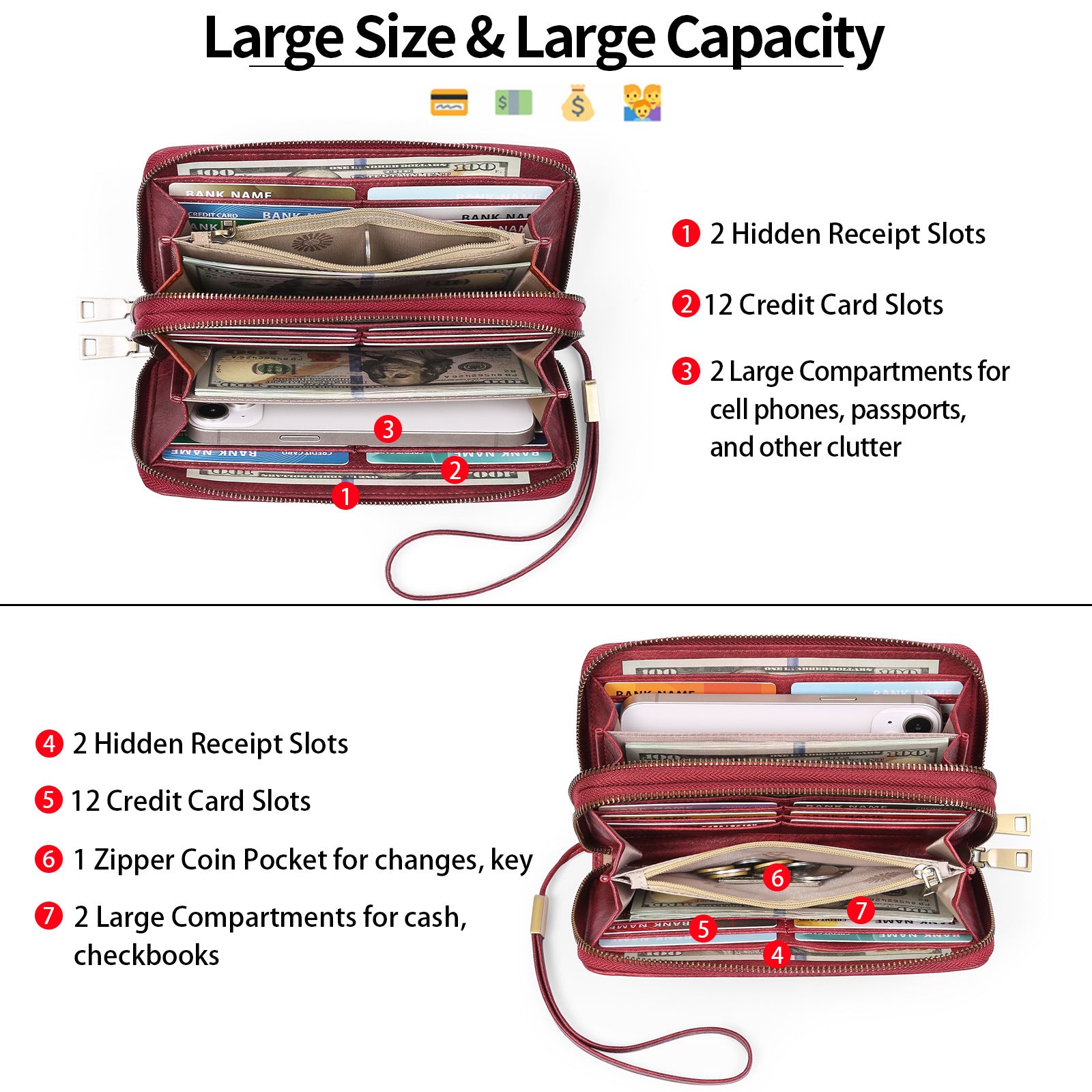 Brown Double Zipper Women's Wallet - Large Capacity Clutch Organizer with Wristlet Strap V888-ELOSUNG23502