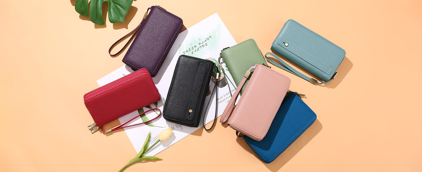 Brown Double Zipper Women's Wallet - Large Capacity Clutch Organizer with Wristlet Strap V888-ELOSUNG23502