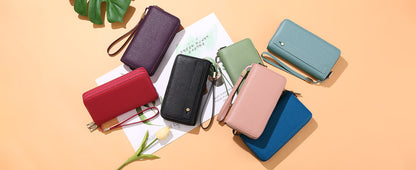 Brown Double Zipper Women's Wallet - Large Capacity Clutch Organizer with Wristlet Strap V888-ELOSUNG23502