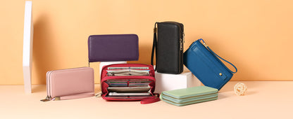 Brown Double Zipper Women's Wallet - Large Capacity Clutch Organizer with Wristlet Strap V888-ELOSUNG23502