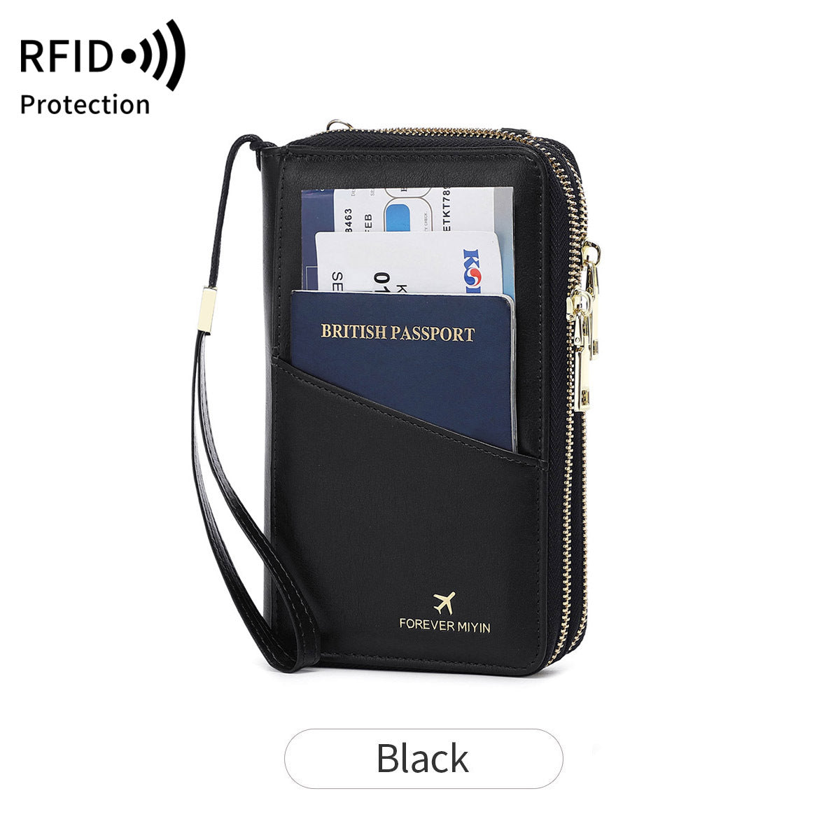 Black RFID Blocking Passport Wallet - Multi-Function Travel Organizer with Double Zipper and Crossbody Strap V888-ELOSUNG23520