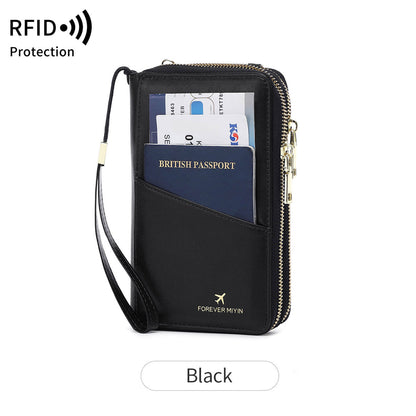 Black RFID Blocking Passport Wallet - Multi-Function Travel Organizer with Double Zipper and Crossbody Strap V888-ELOSUNG23520