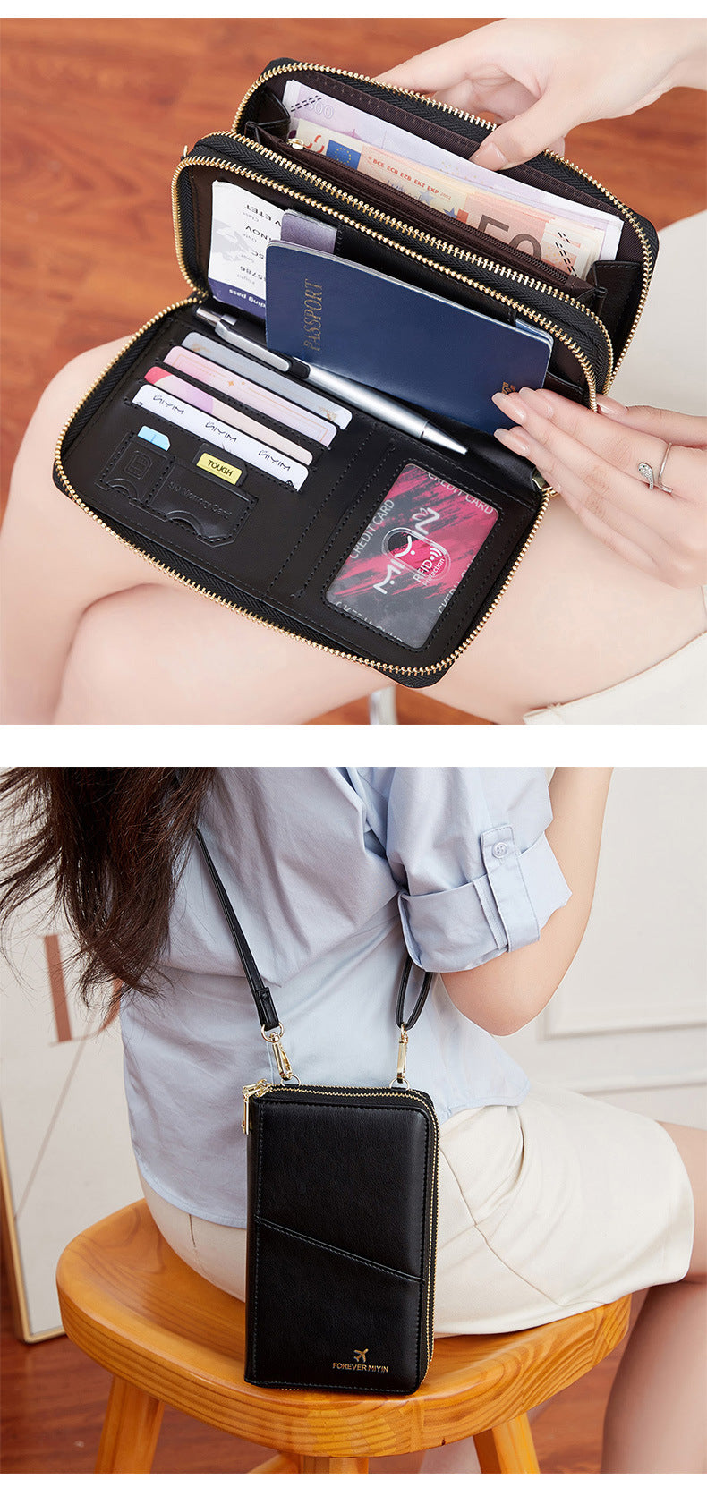 Black RFID Blocking Passport Wallet - Multi-Function Travel Organizer with Double Zipper and Crossbody Strap V888-ELOSUNG23520