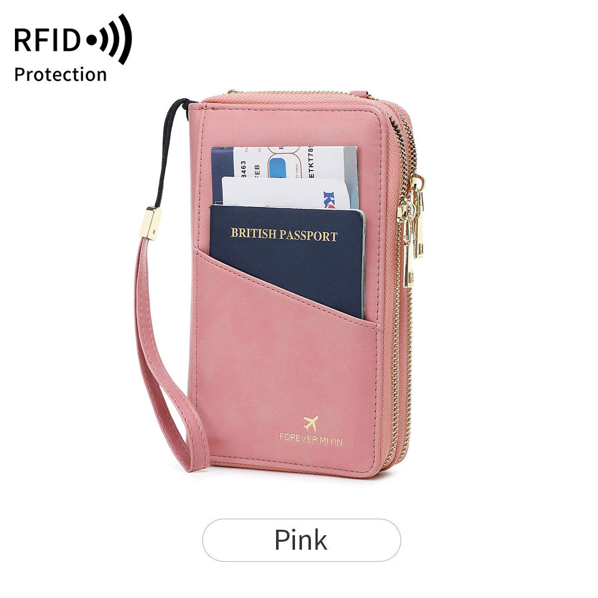 Pink RFID Blocking Passport Wallet - Multi-Function Travel Organizer with Double Zipper and Crossbody Strap V888-ELOSUNG23521
