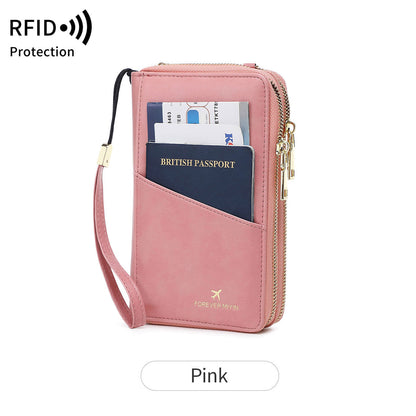 Pink RFID Blocking Passport Wallet - Multi-Function Travel Organizer with Double Zipper and Crossbody Strap V888-ELOSUNG23521