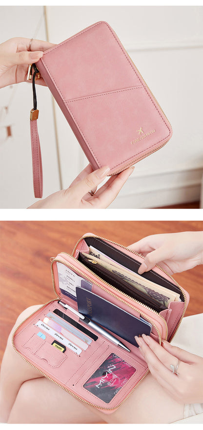 Pink RFID Blocking Passport Wallet - Multi-Function Travel Organizer with Double Zipper and Crossbody Strap V888-ELOSUNG23521