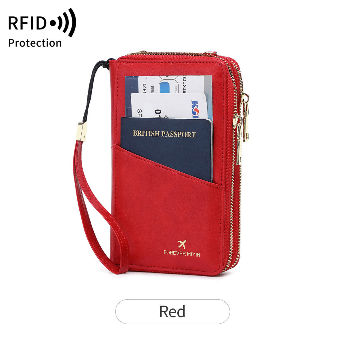 Red RFID Blocking Passport Wallet - Multi-Function Travel Organizer with Double Zipper and Crossbody Strap V888-ELOSUNG23523
