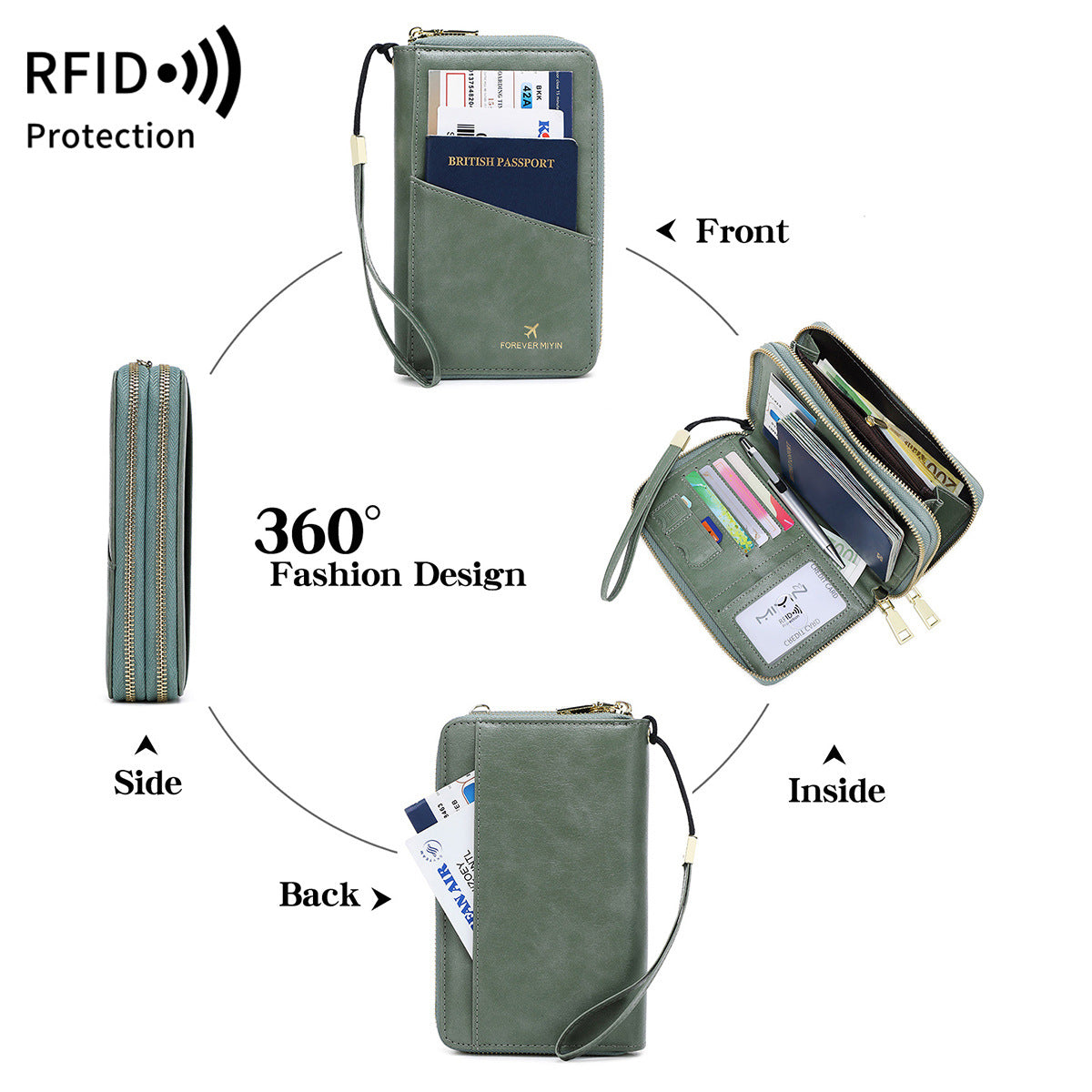 Red RFID Blocking Passport Wallet - Multi-Function Travel Organizer with Double Zipper and Crossbody Strap V888-ELOSUNG23523
