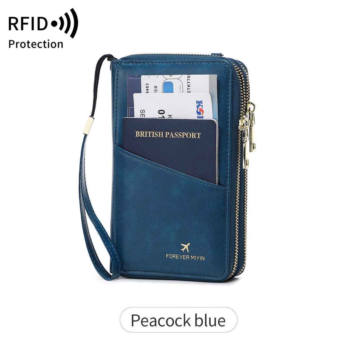 Peacock Blue RFID Blocking Passport Wallet - Multi-Function Travel Organizer with Double Zipper and Crossbody V888-ELOSUNG23525