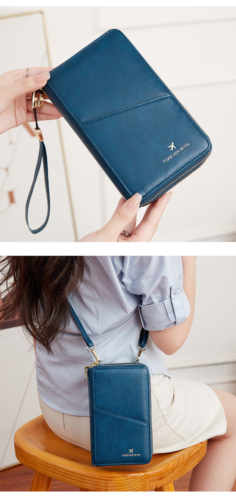 Peacock Blue RFID Blocking Passport Wallet - Multi-Function Travel Organizer with Double Zipper and Crossbody V888-ELOSUNG23525