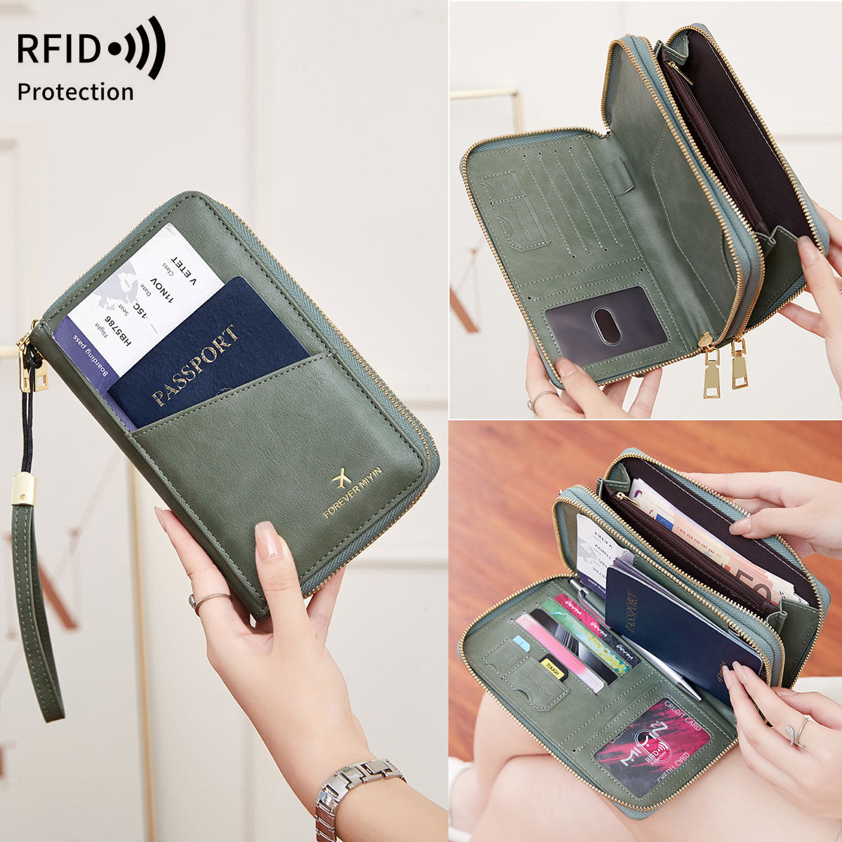 Peacock Blue RFID Blocking Passport Wallet - Multi-Function Travel Organizer with Double Zipper and Crossbody V888-ELOSUNG23525