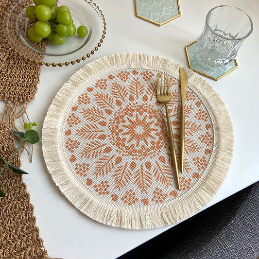 4 Pcs Beige and Orange Boho Chic Woven Cotton Placemat with Tassels - Nordic Bohemian Style(Tableware is a V888-ELOSUNG23530