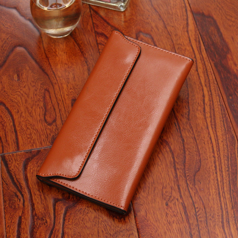 Brown Women's Genuine Leather Long Wallet - Slim Business Clutch with Snap Closure, Multi-Card Holder V888-ELOSUNG23545