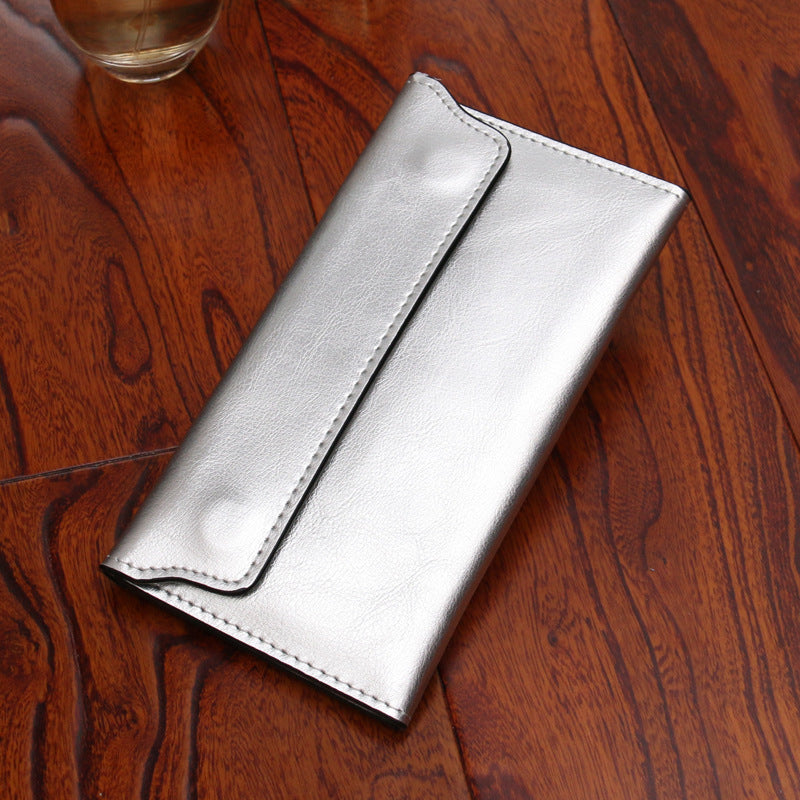 Silver Women's Genuine Leather Long Wallet - Slim Business Clutch with Snap Closure, Multi-Card Holder V888-ELOSUNG23546