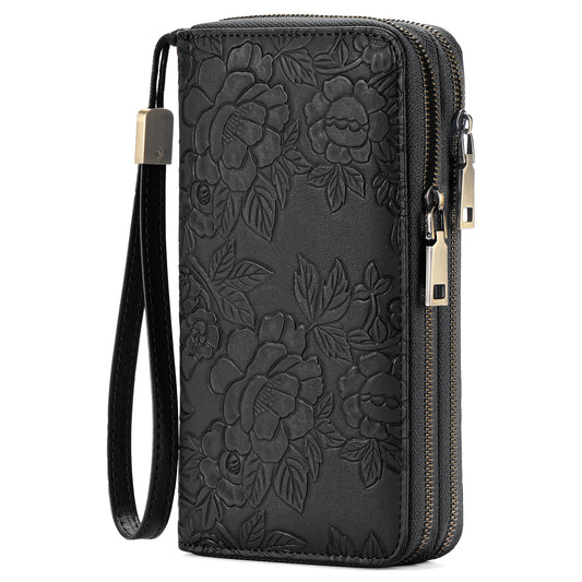 Black Floral Embossed Large Capacity Women's Wallet - Double Zipper PU Leather Clutch with Detachable Wrist V888-ELOSUNG23587