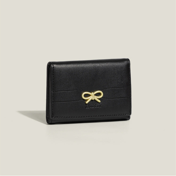 Black Compact Women's Bow-Accent Wallet - Fresh Minimalist PU Leather Foldable Card Holder with Multiple Slots V888-ELOSUNG23591