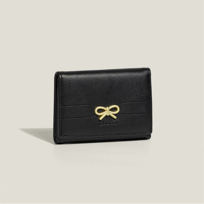 Black Compact Women's Bow-Accent Wallet - Fresh Minimalist PU Leather Foldable Card Holder with Multiple Slots V888-ELOSUNG23591